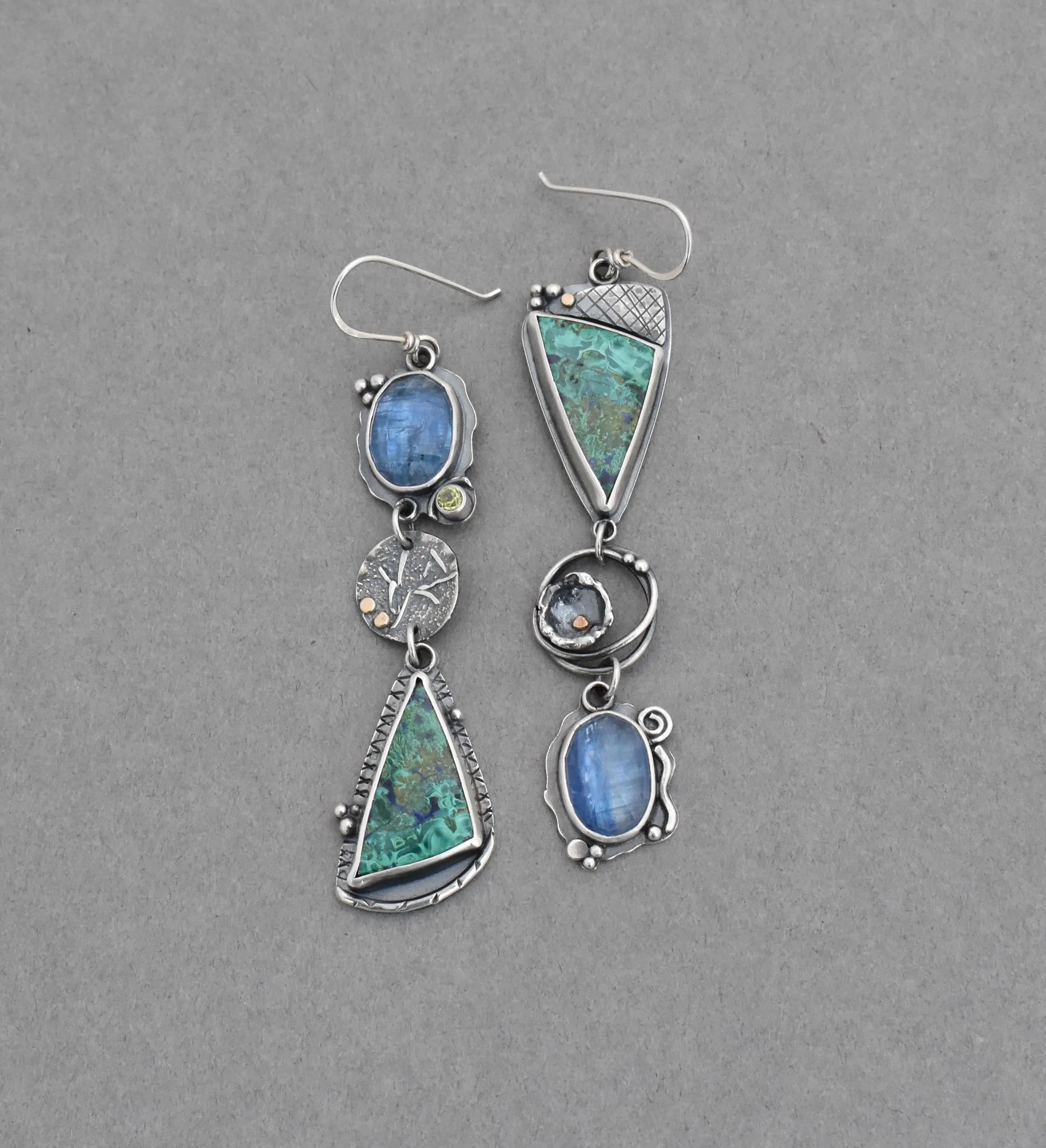 Azurite Malachite and Kyanite Melange Dangle Earrings.