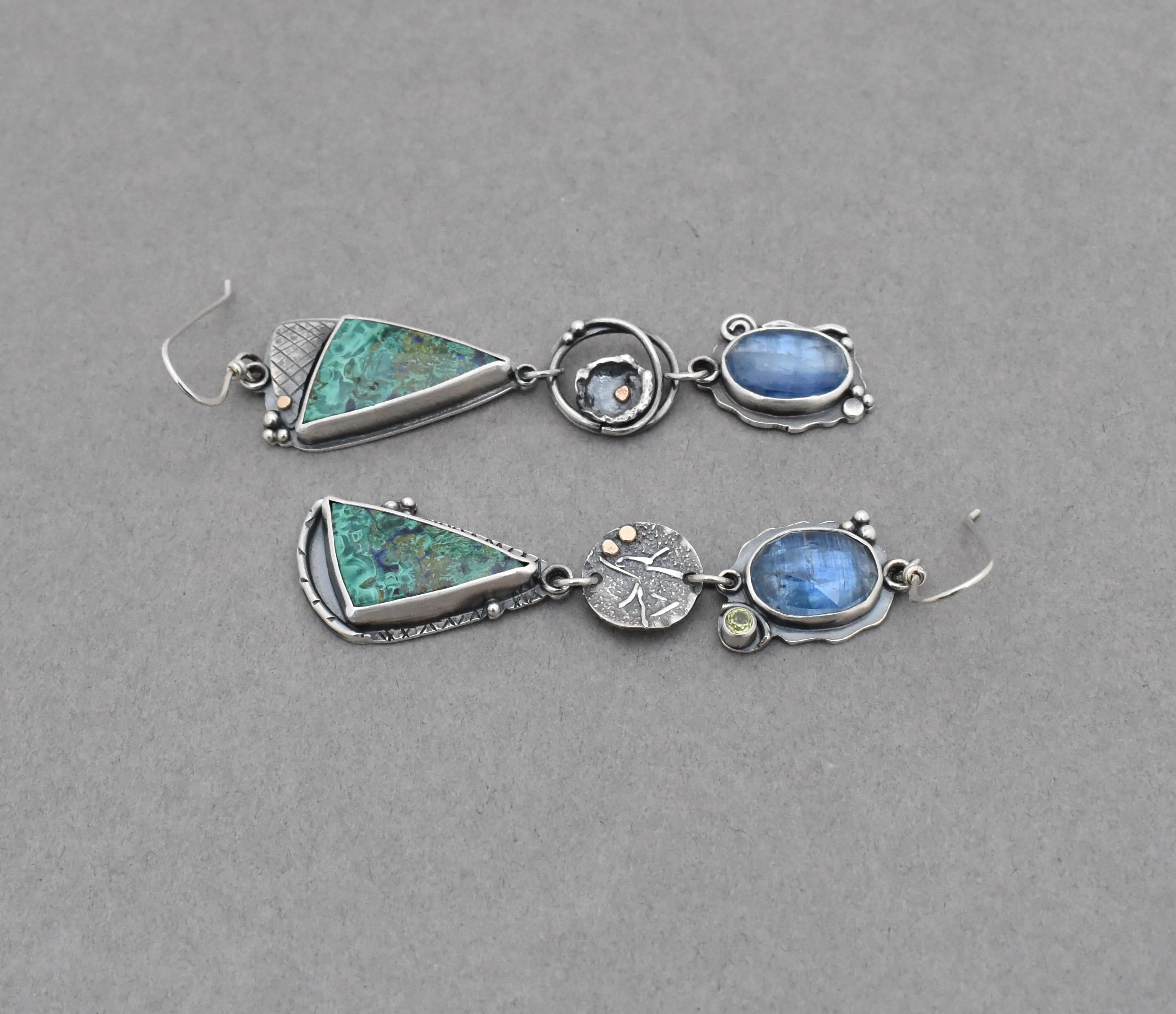 Azurite Malachite and Kyanite Melange Dangle Earrings.