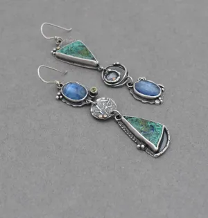 Azurite Malachite and Kyanite Melange Dangle Earrings.
