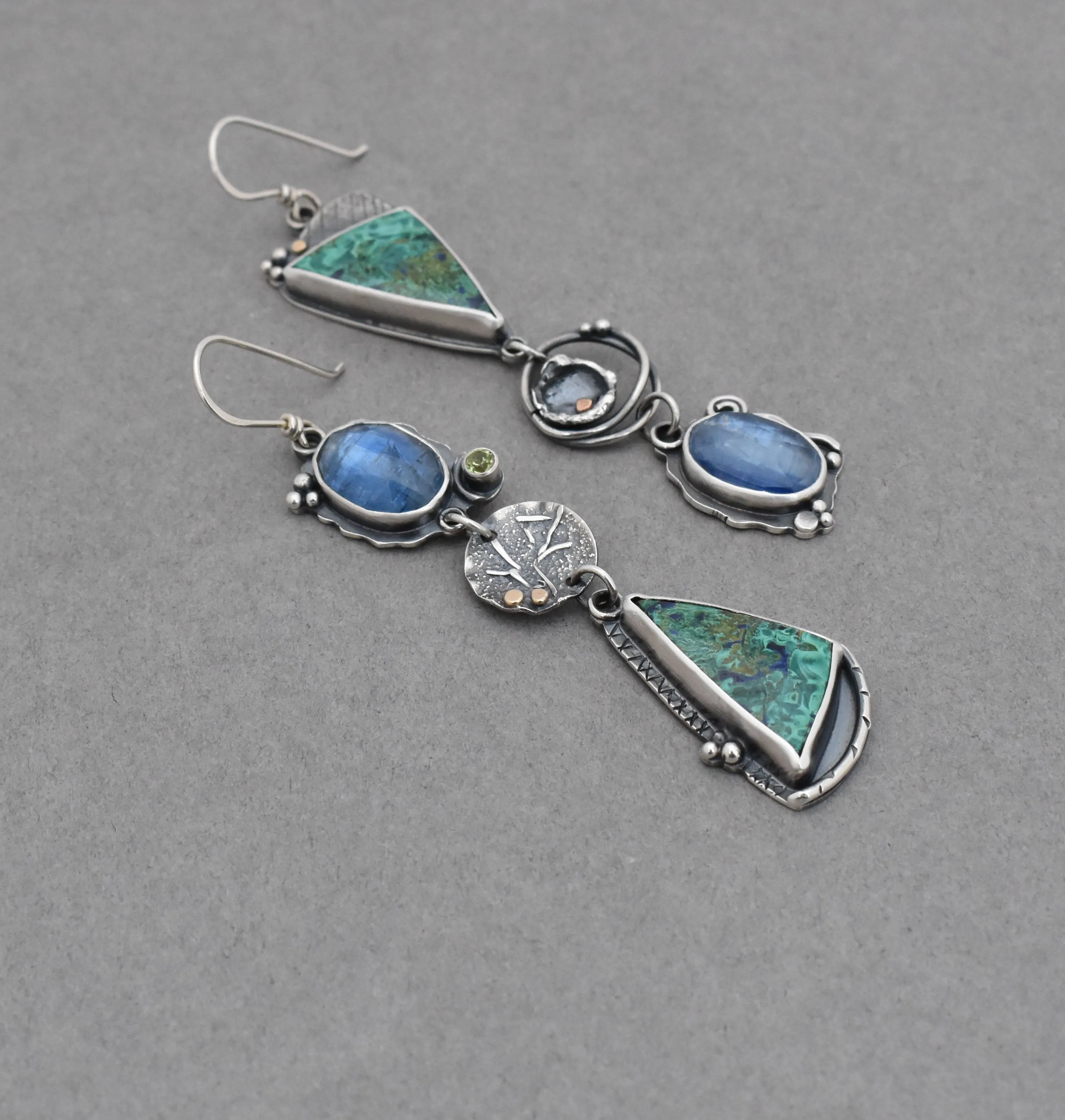 Azurite Malachite and Kyanite Melange Dangle Earrings.