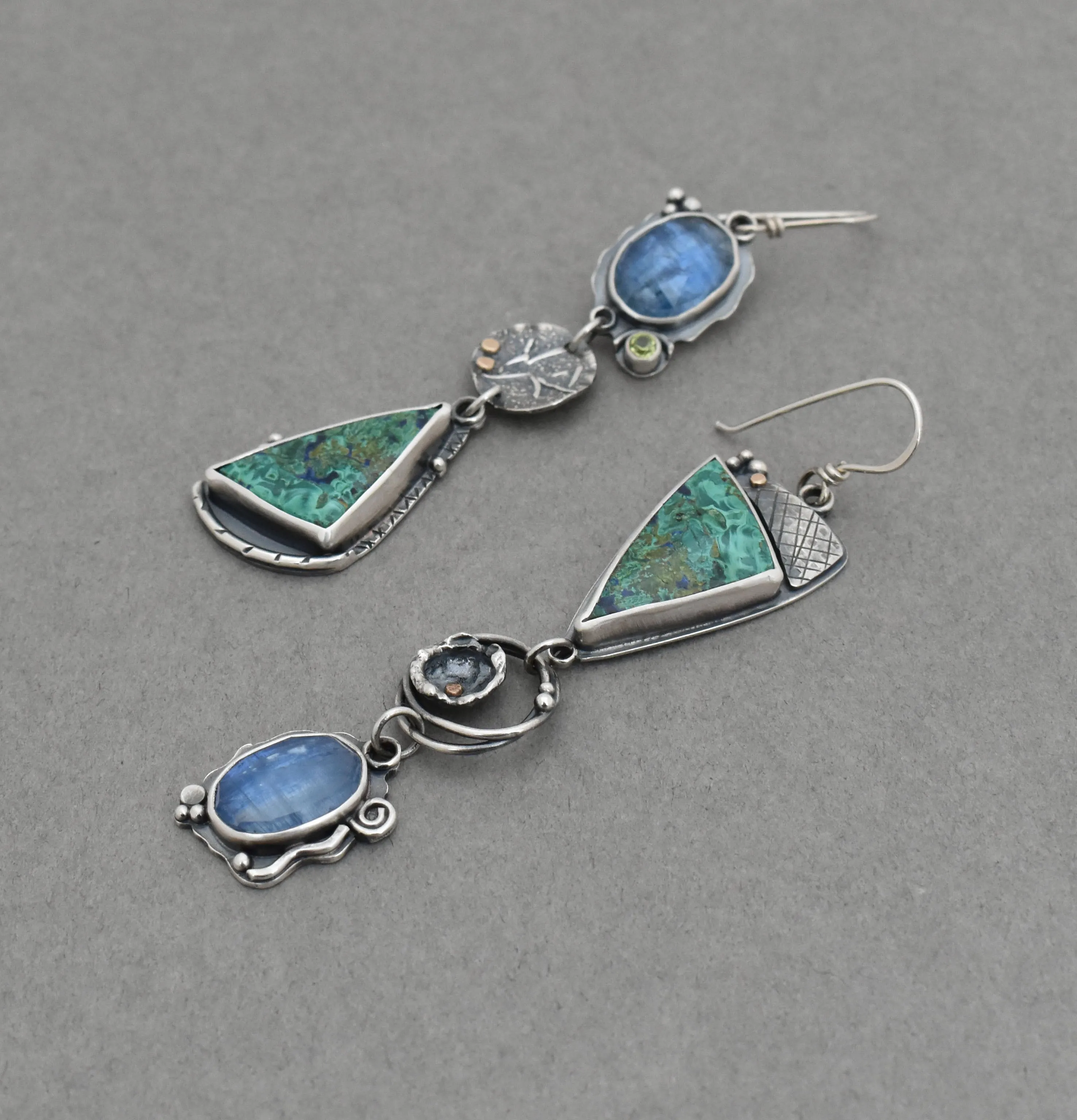 Azurite Malachite and Kyanite Melange Dangle Earrings.
