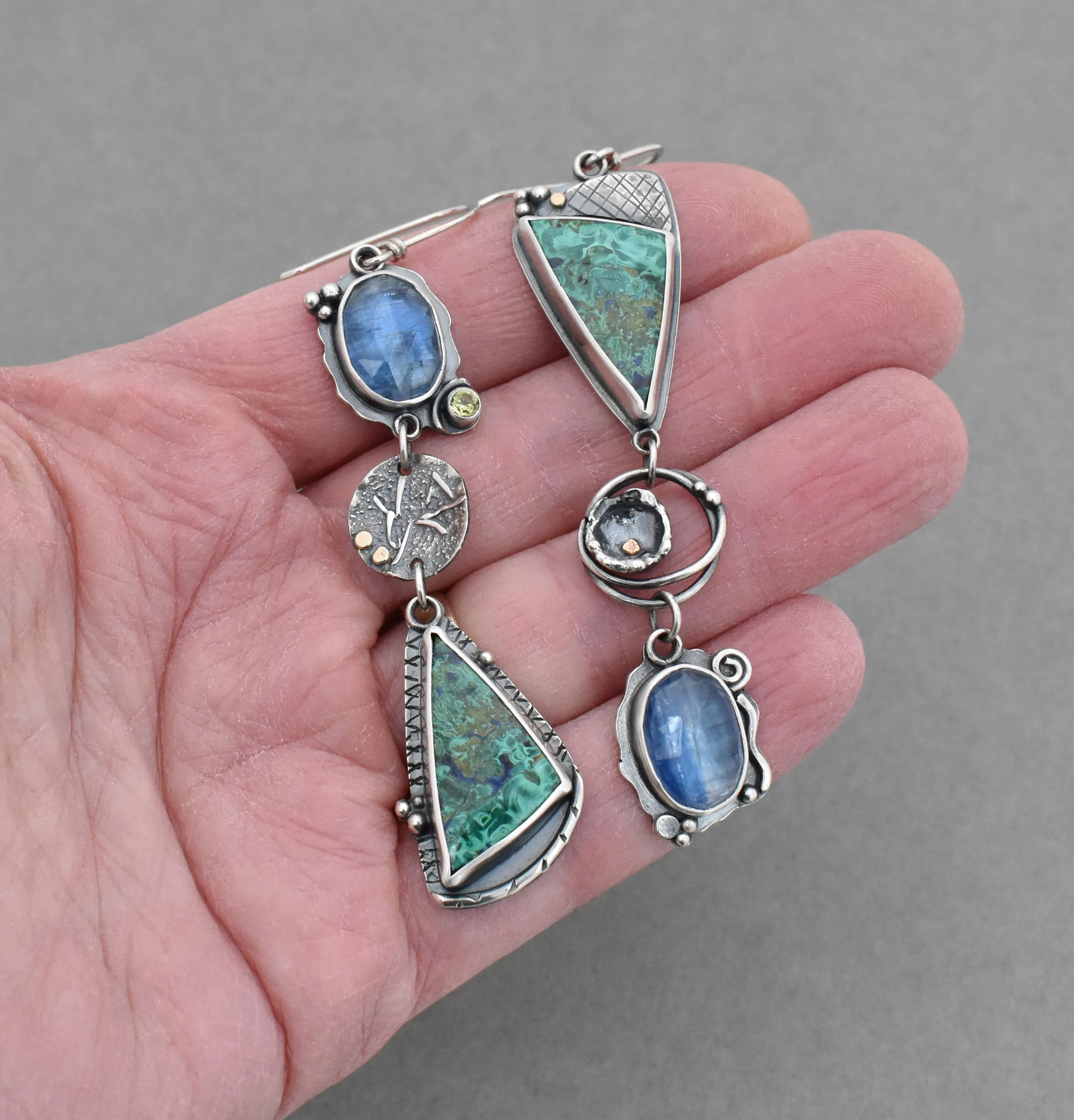 Azurite Malachite and Kyanite Melange Dangle Earrings.