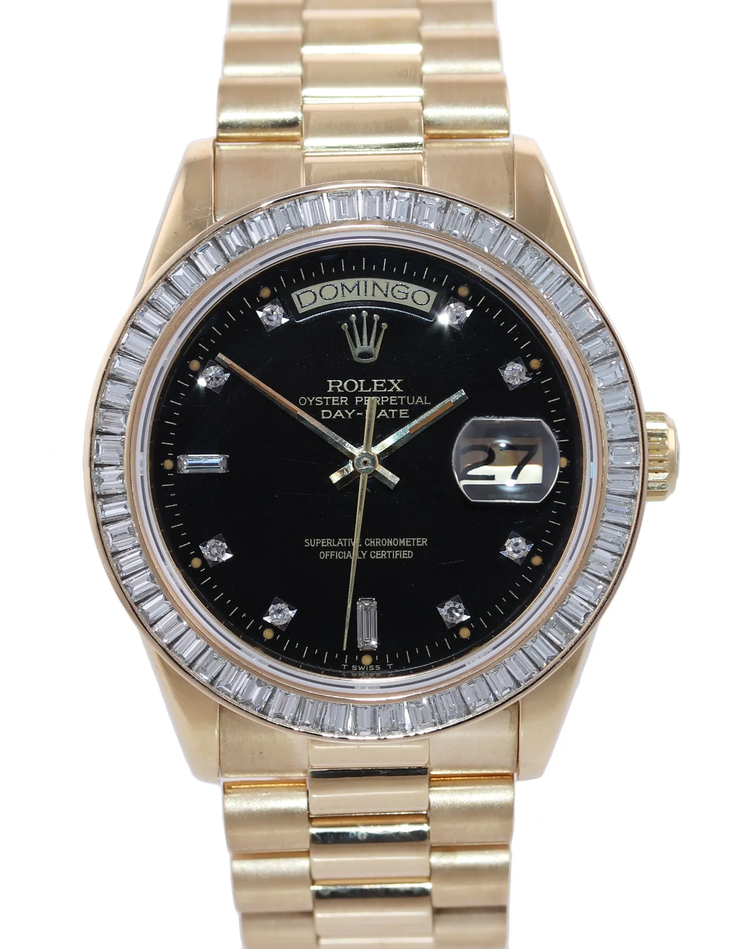 BAGUETTE DIAMOND BEZEL Rolex President 36mm 18038 Yellow Gold Black Dial Watch