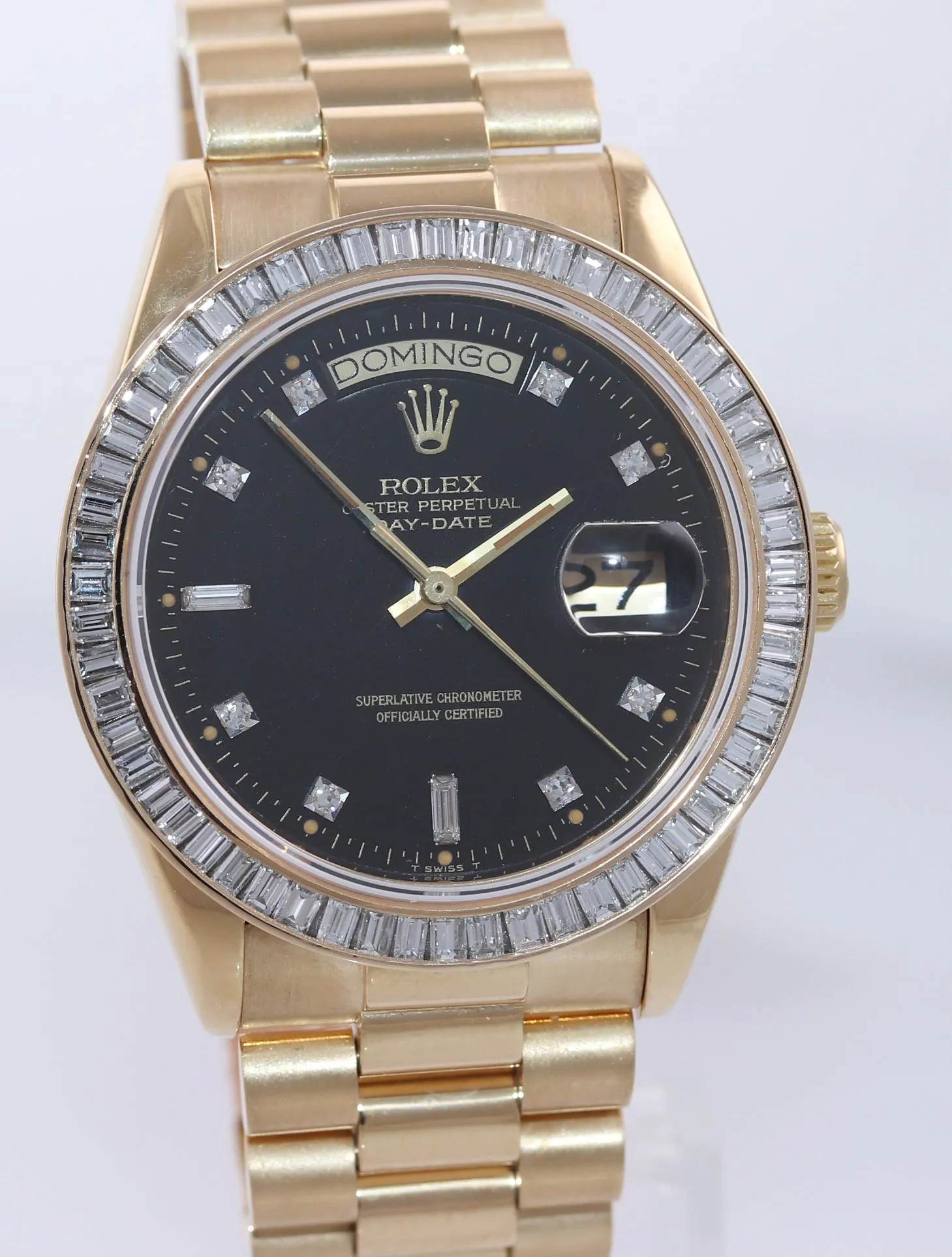 BAGUETTE DIAMOND BEZEL Rolex President 36mm 18038 Yellow Gold Black Dial Watch