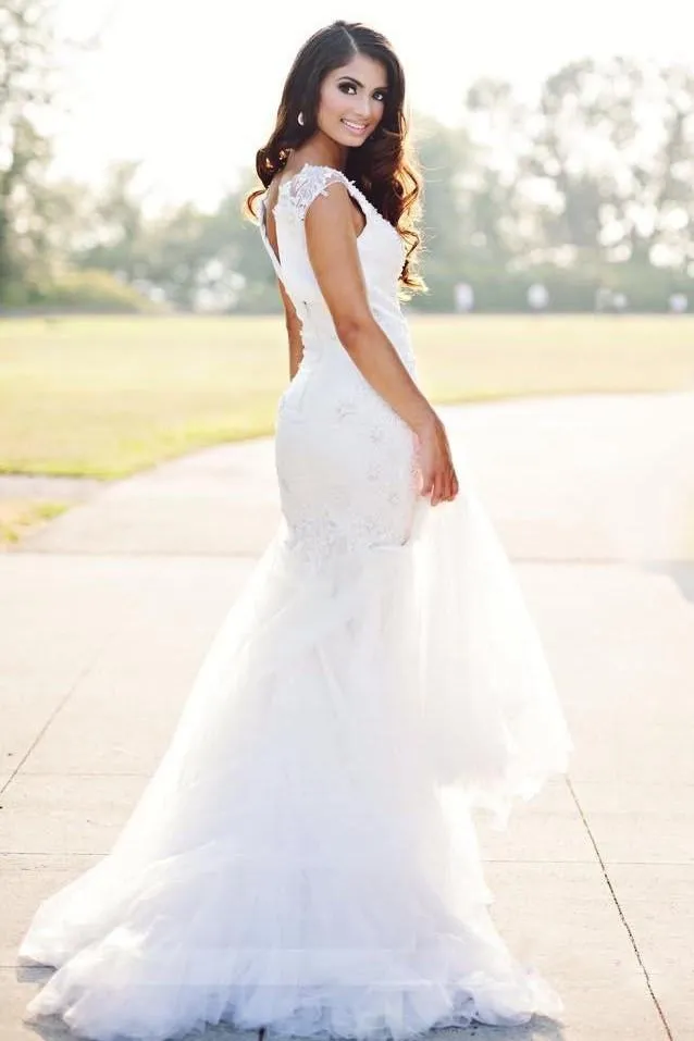 Beaded Lace Mermaid Wedding Gown with Plunging V Neckline