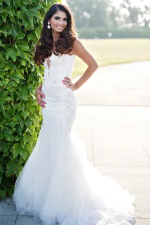 Beaded Lace Mermaid Wedding Gown with Plunging V Neckline