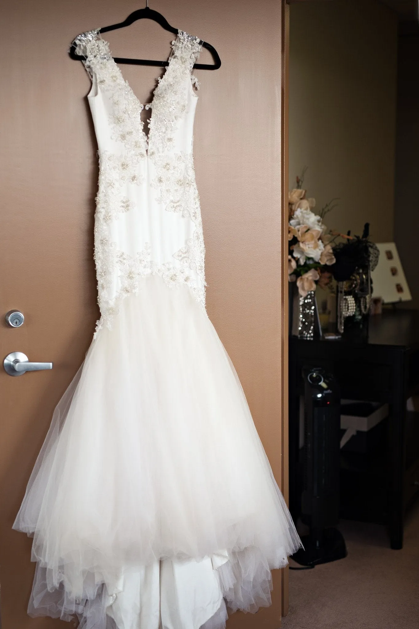 Beaded Lace Mermaid Wedding Gown with Plunging V Neckline