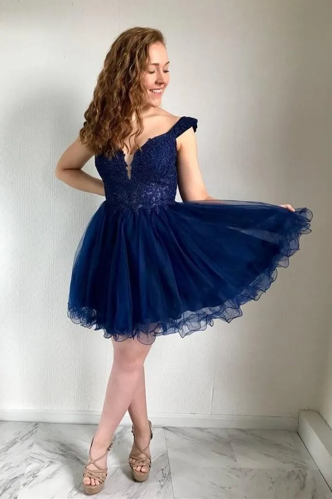 Beaded Lace Tulle Skirt Homecoming Short Dresses Off-the-shoulder