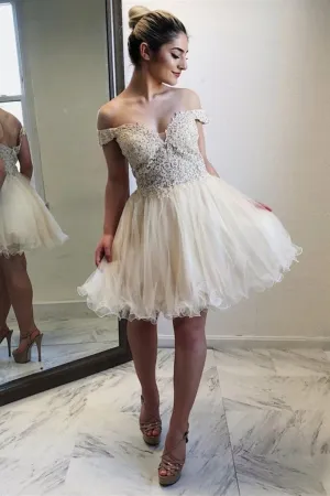 Beaded Lace Tulle Skirt Homecoming Short Dresses Off-the-shoulder