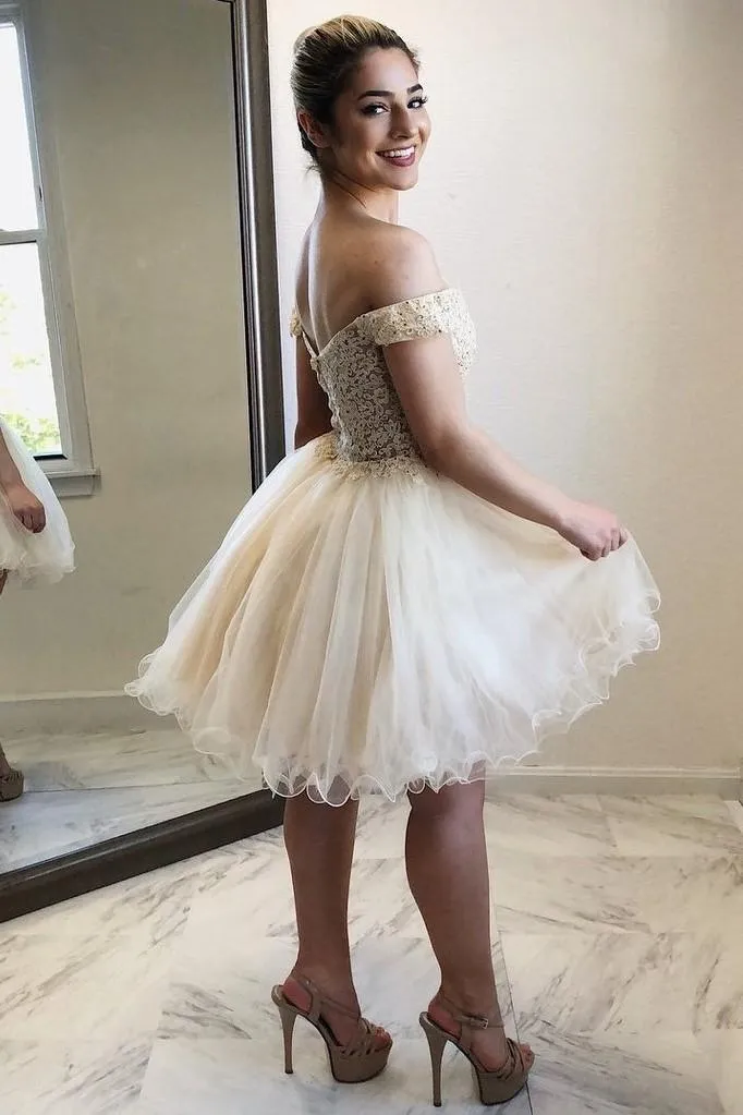 Beaded Lace Tulle Skirt Homecoming Short Dresses Off-the-shoulder