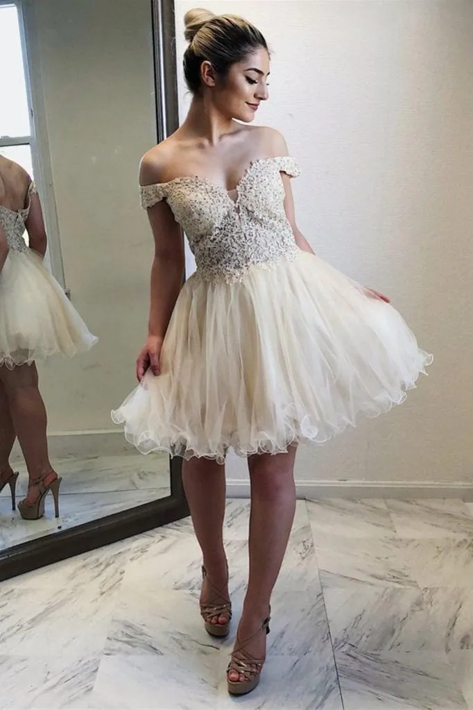 Beaded Lace Tulle Skirt Homecoming Short Dresses Off-the-shoulder