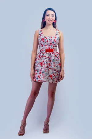Beige, Red & Green Floral Red Bow Dress