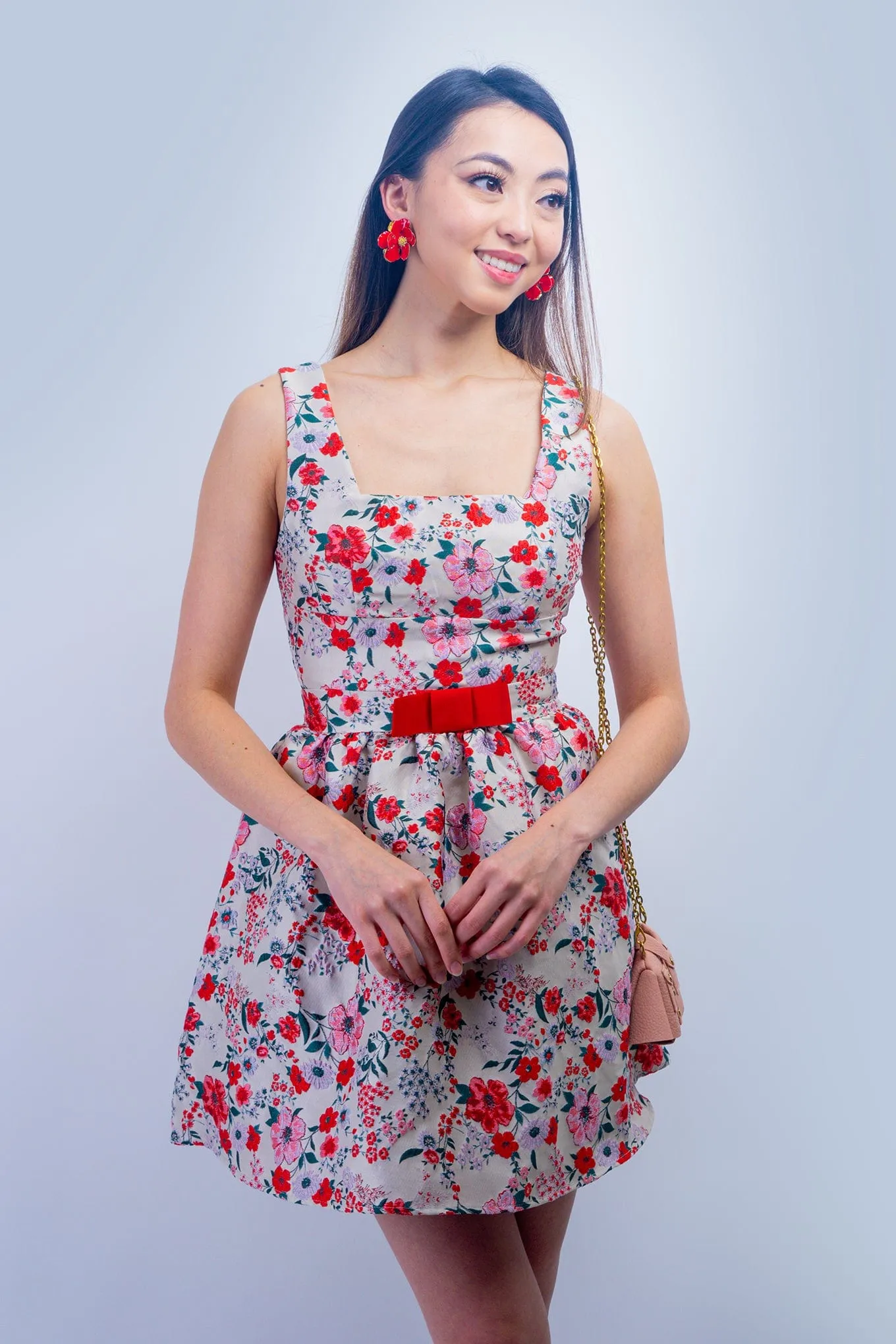 Beige, Red & Green Floral Red Bow Dress