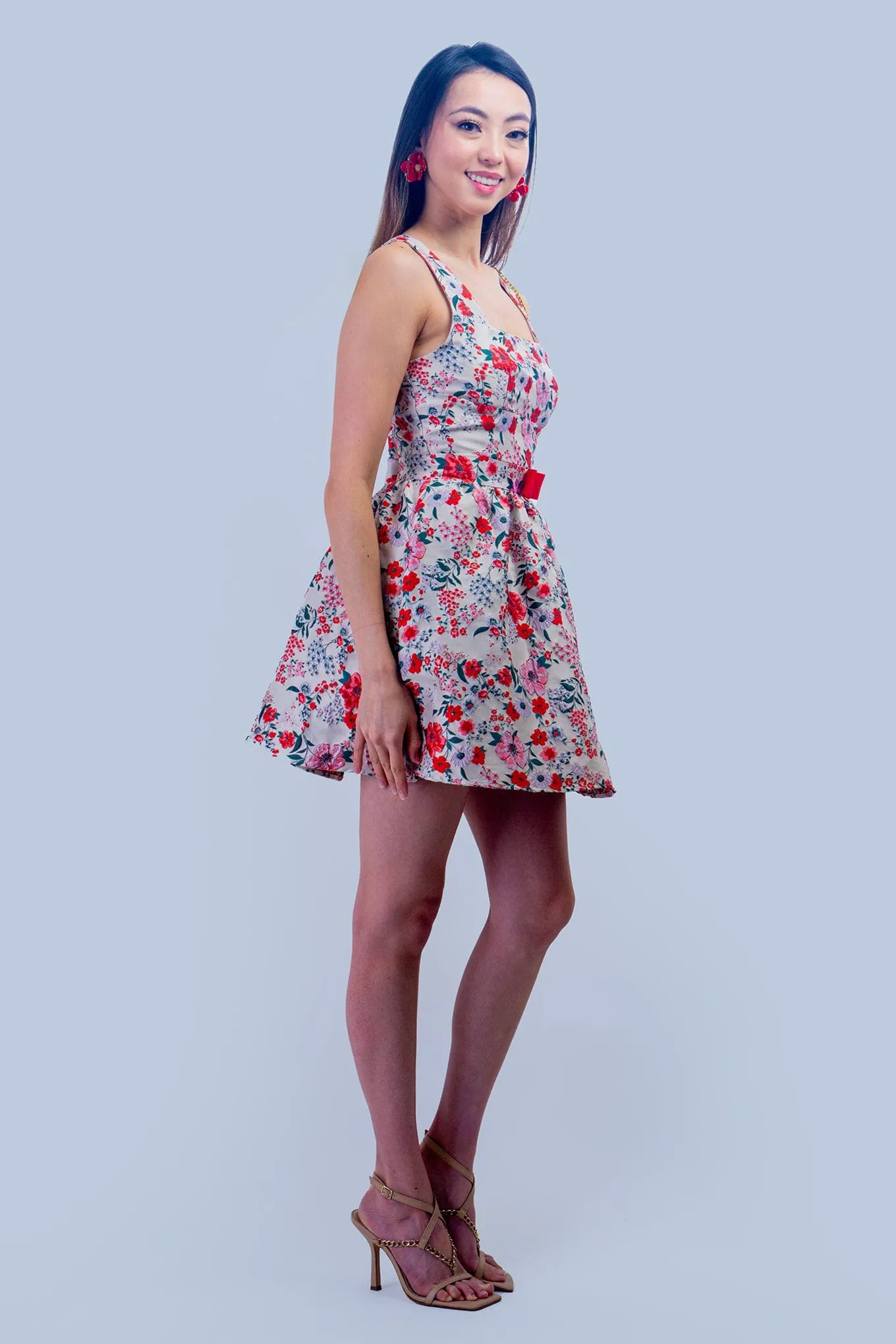 Beige, Red & Green Floral Red Bow Dress