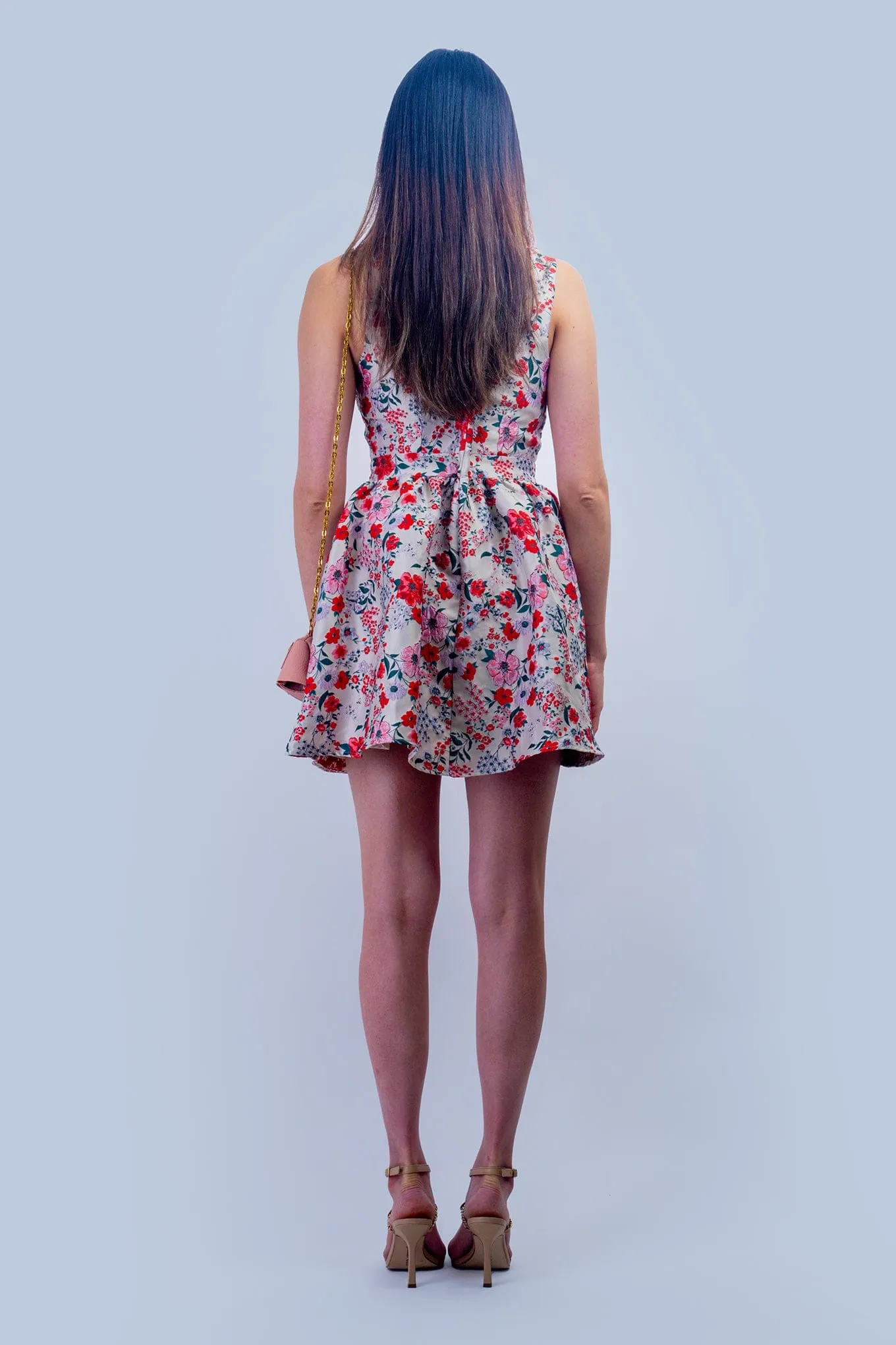 Beige, Red & Green Floral Red Bow Dress