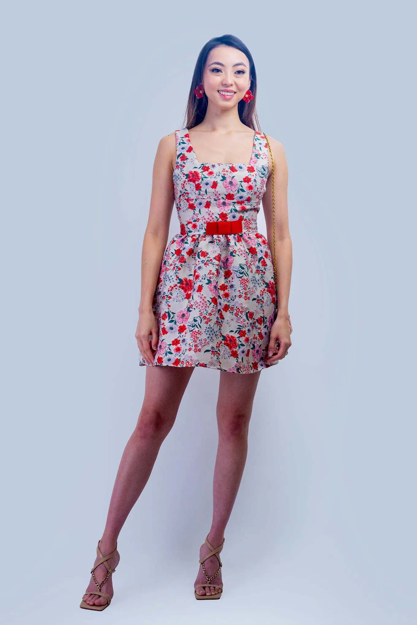 Beige, Red & Green Floral Red Bow Dress
