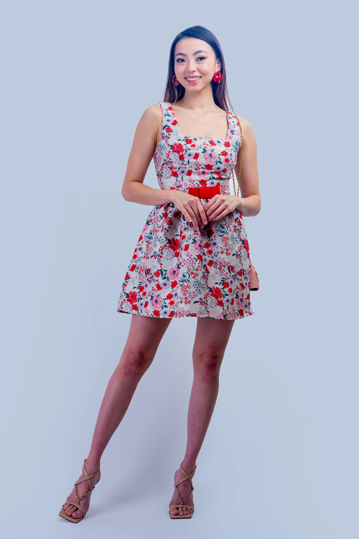 Beige, Red & Green Floral Red Bow Dress