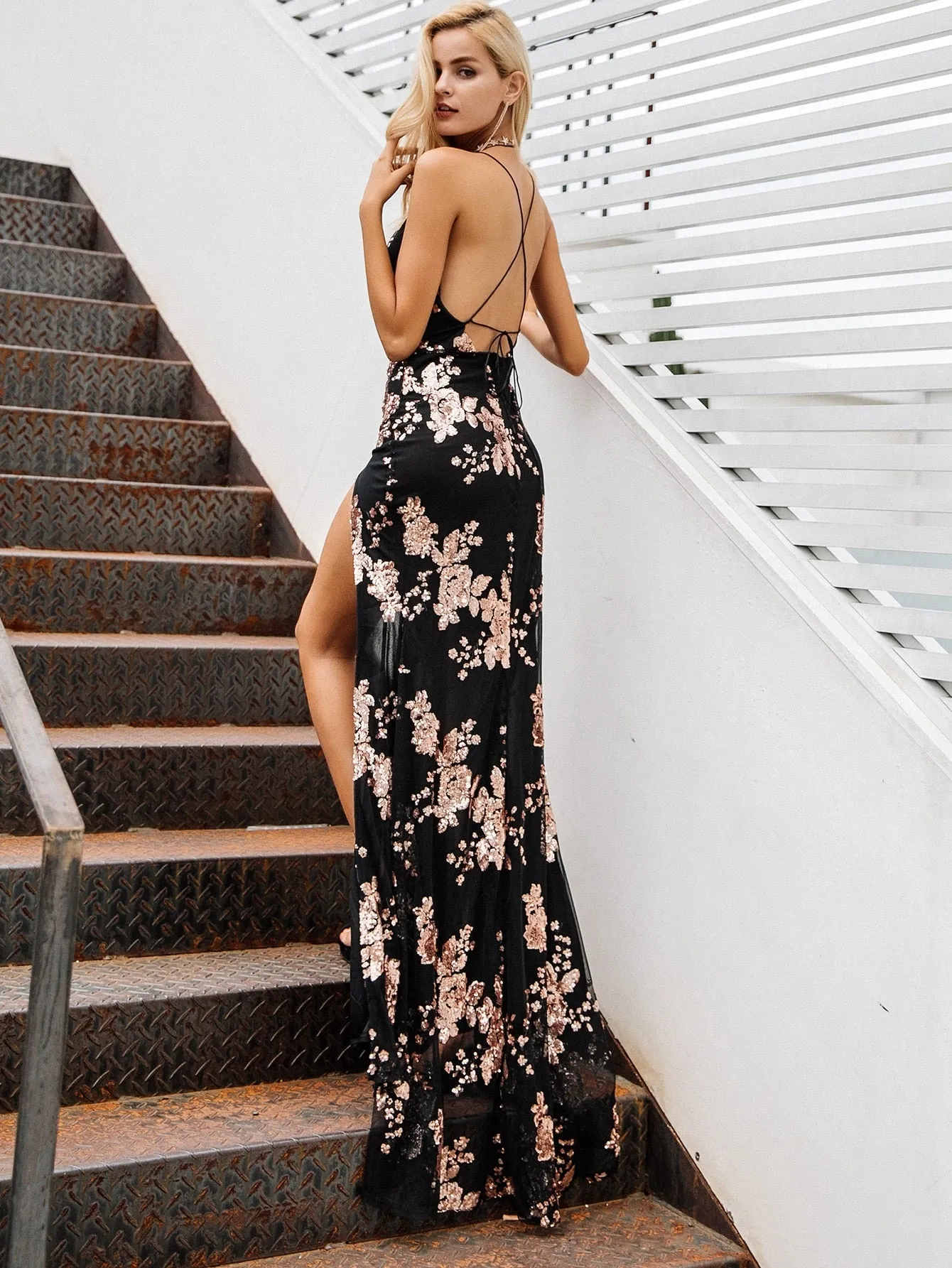 BerryBetty - Fashion Trends Sexy lace up halter sequin party dresses women High split maxi dress festa female Christmas evening long dress vestidos