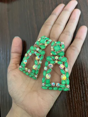 Big green earrings ,  bright green rhinestone earrings , Large green earrings , pear lime green gold earrings , green pageant crystal