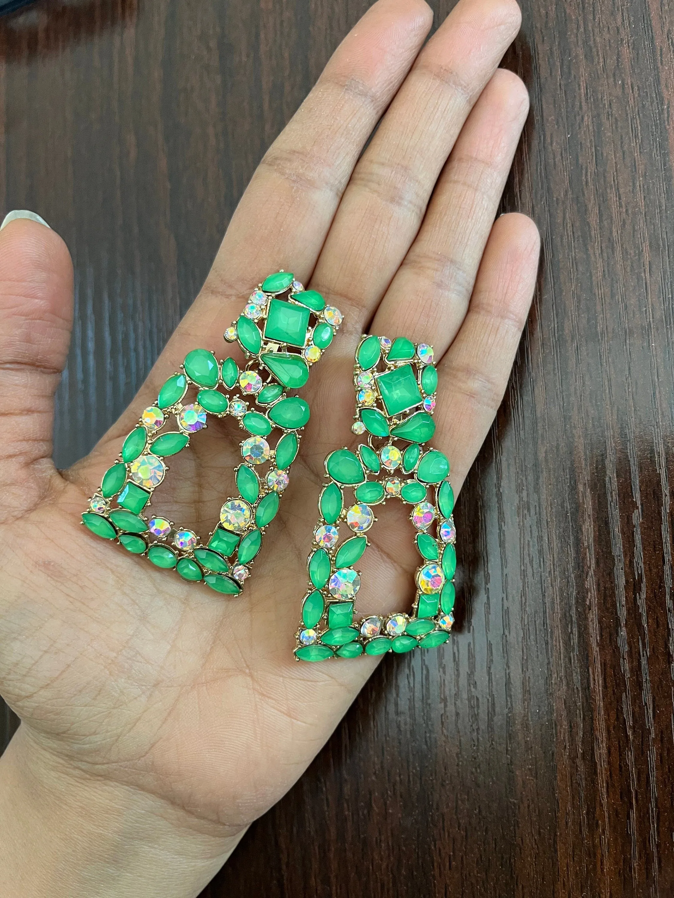 Big green earrings ,  bright green rhinestone earrings , Large green earrings , pear lime green gold earrings , green pageant crystal