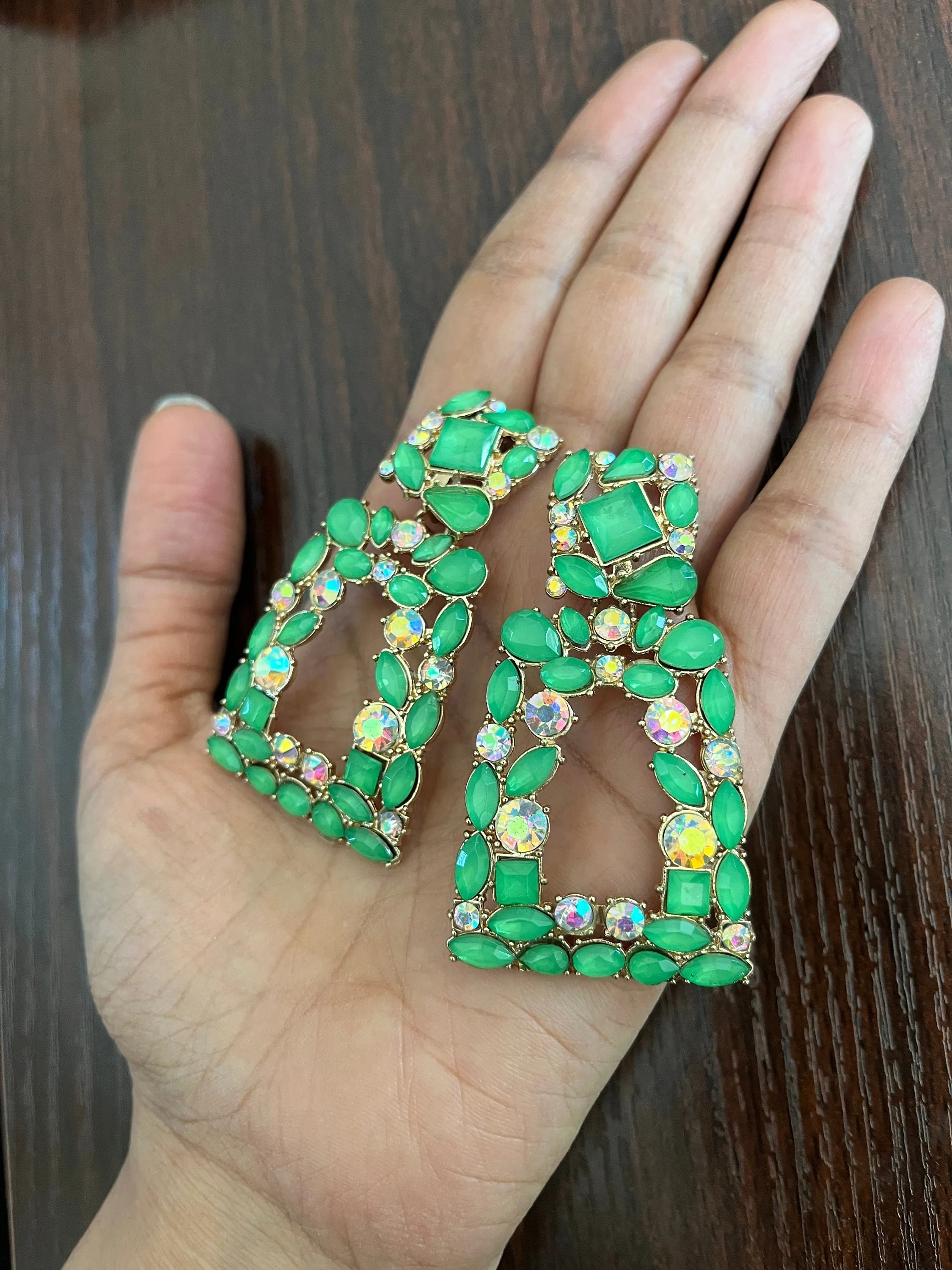 Big green earrings ,  bright green rhinestone earrings , Large green earrings , pear lime green gold earrings , green pageant crystal