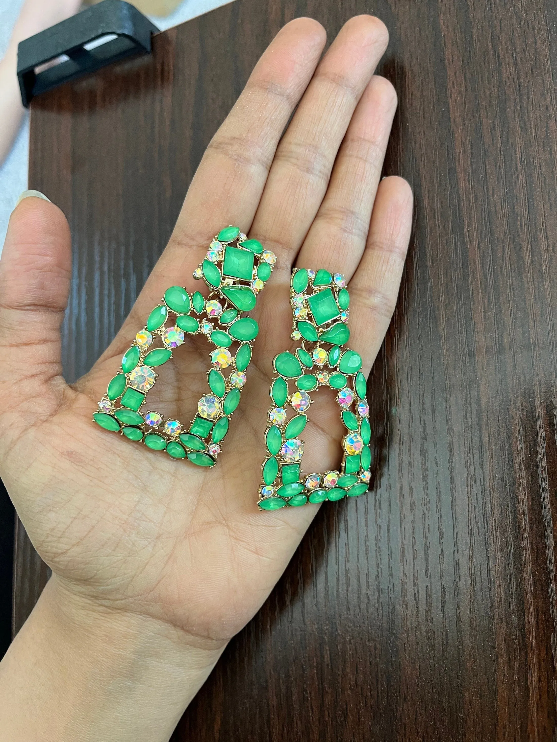 Big green earrings ,  bright green rhinestone earrings , Large green earrings , pear lime green gold earrings , green pageant crystal