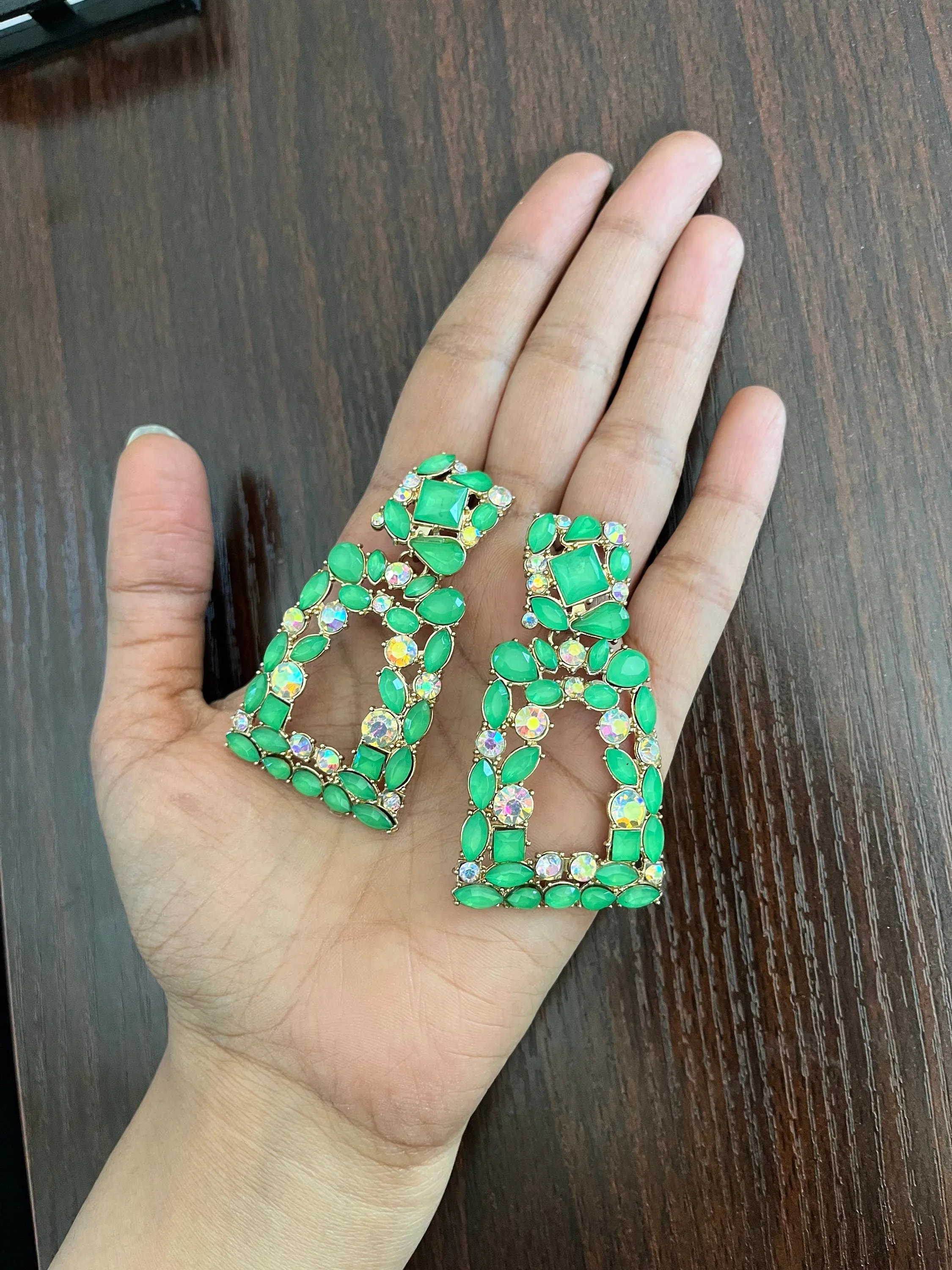Big green earrings ,  bright green rhinestone earrings , Large green earrings , pear lime green gold earrings , green pageant crystal