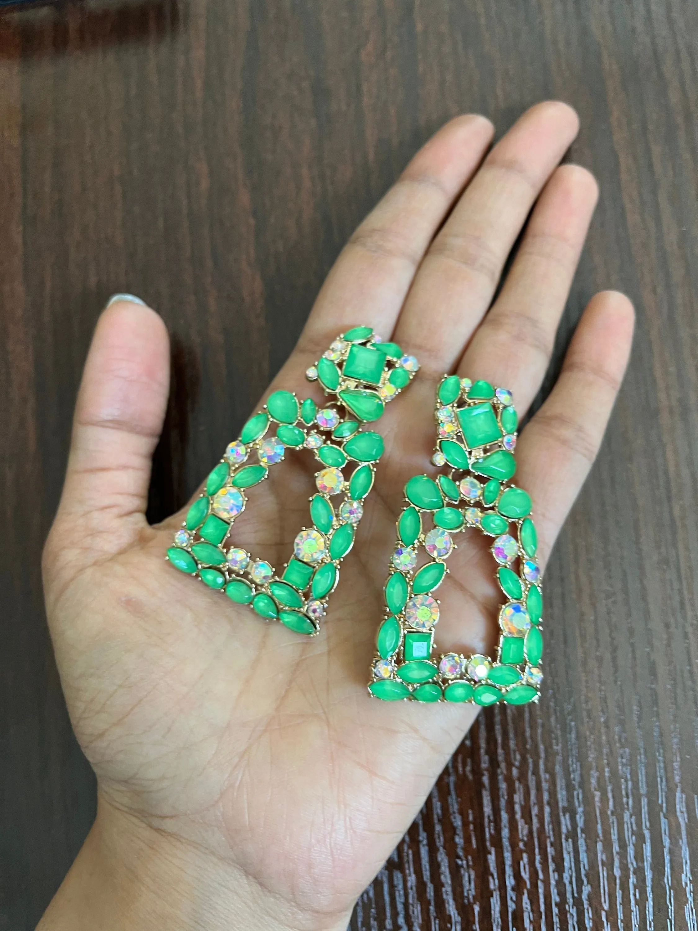 Big green earrings ,  bright green rhinestone earrings , Large green earrings , pear lime green gold earrings , green pageant crystal