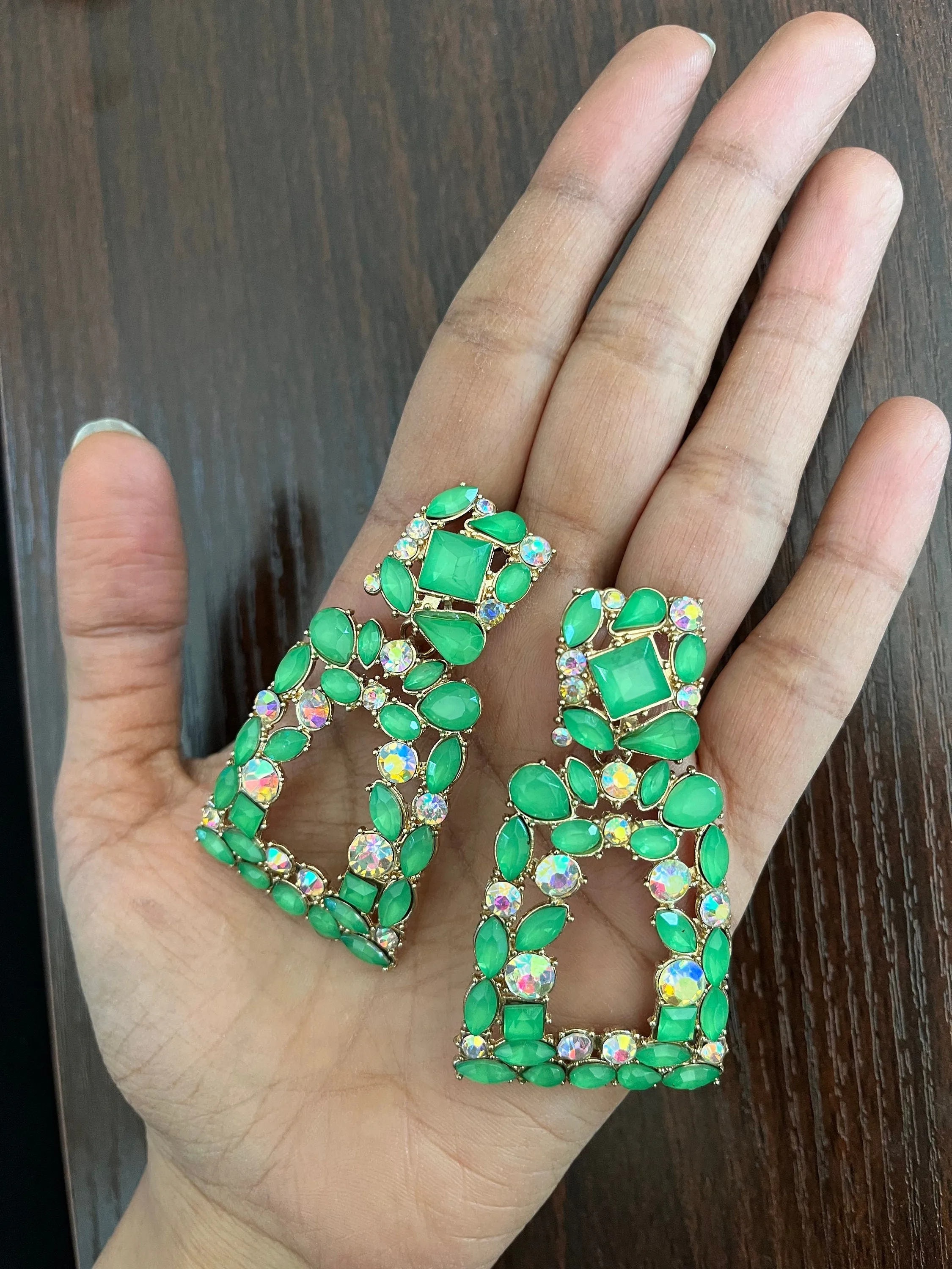 Big green earrings ,  bright green rhinestone earrings , Large green earrings , pear lime green gold earrings , green pageant crystal