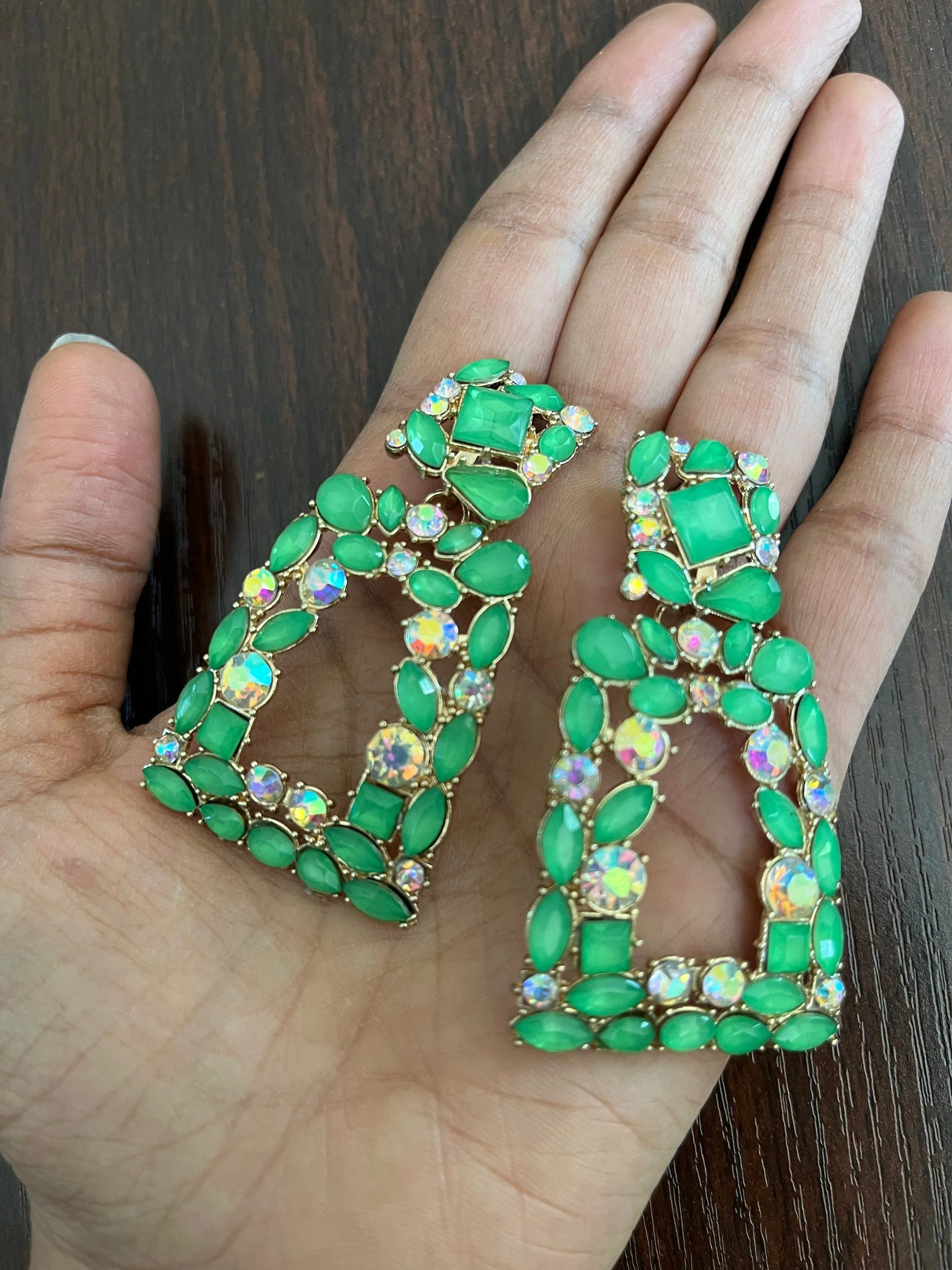 Big green earrings ,  bright green rhinestone earrings , Large green earrings , pear lime green gold earrings , green pageant crystal