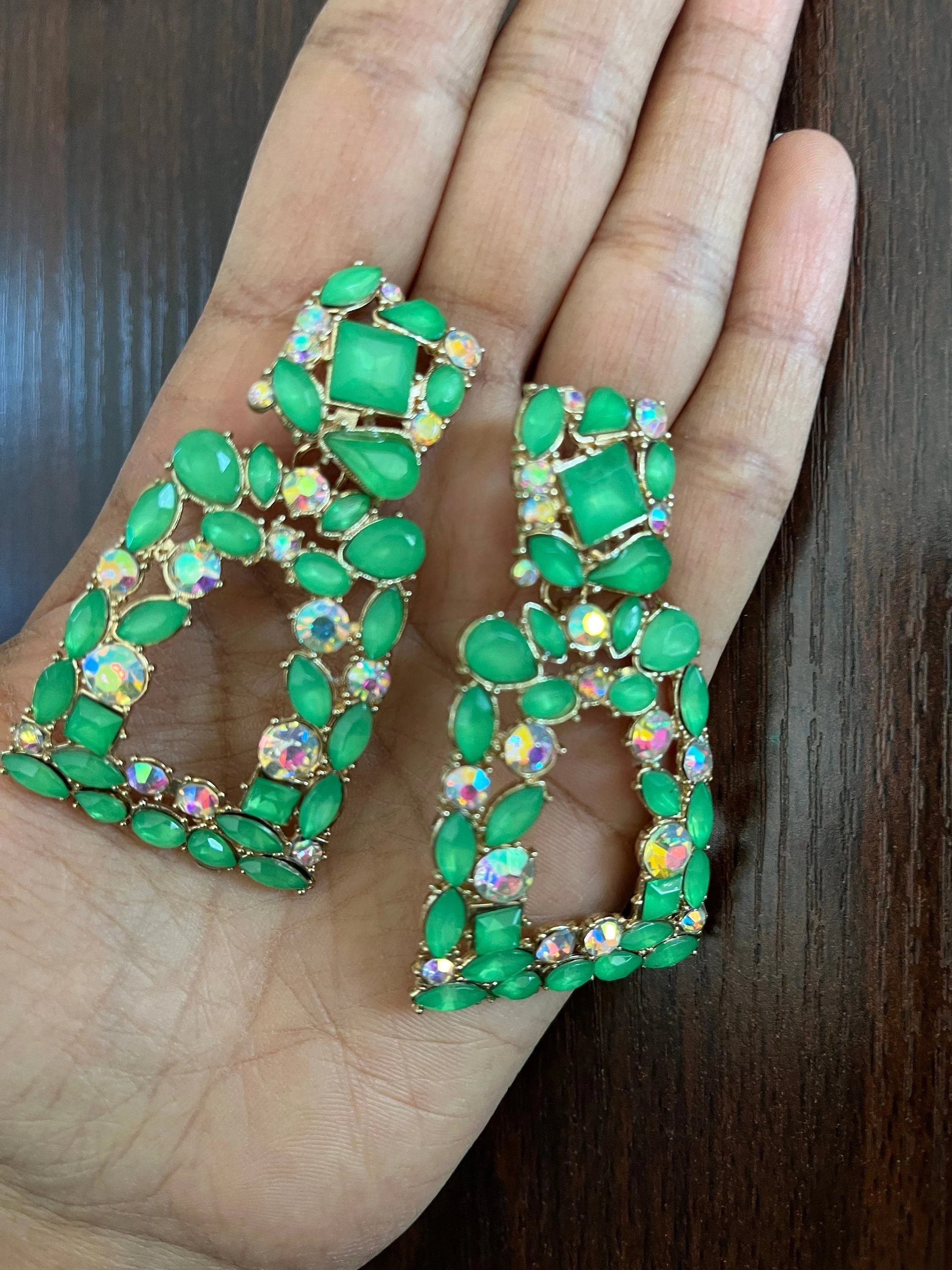 Big green earrings ,  bright green rhinestone earrings , Large green earrings , pear lime green gold earrings , green pageant crystal