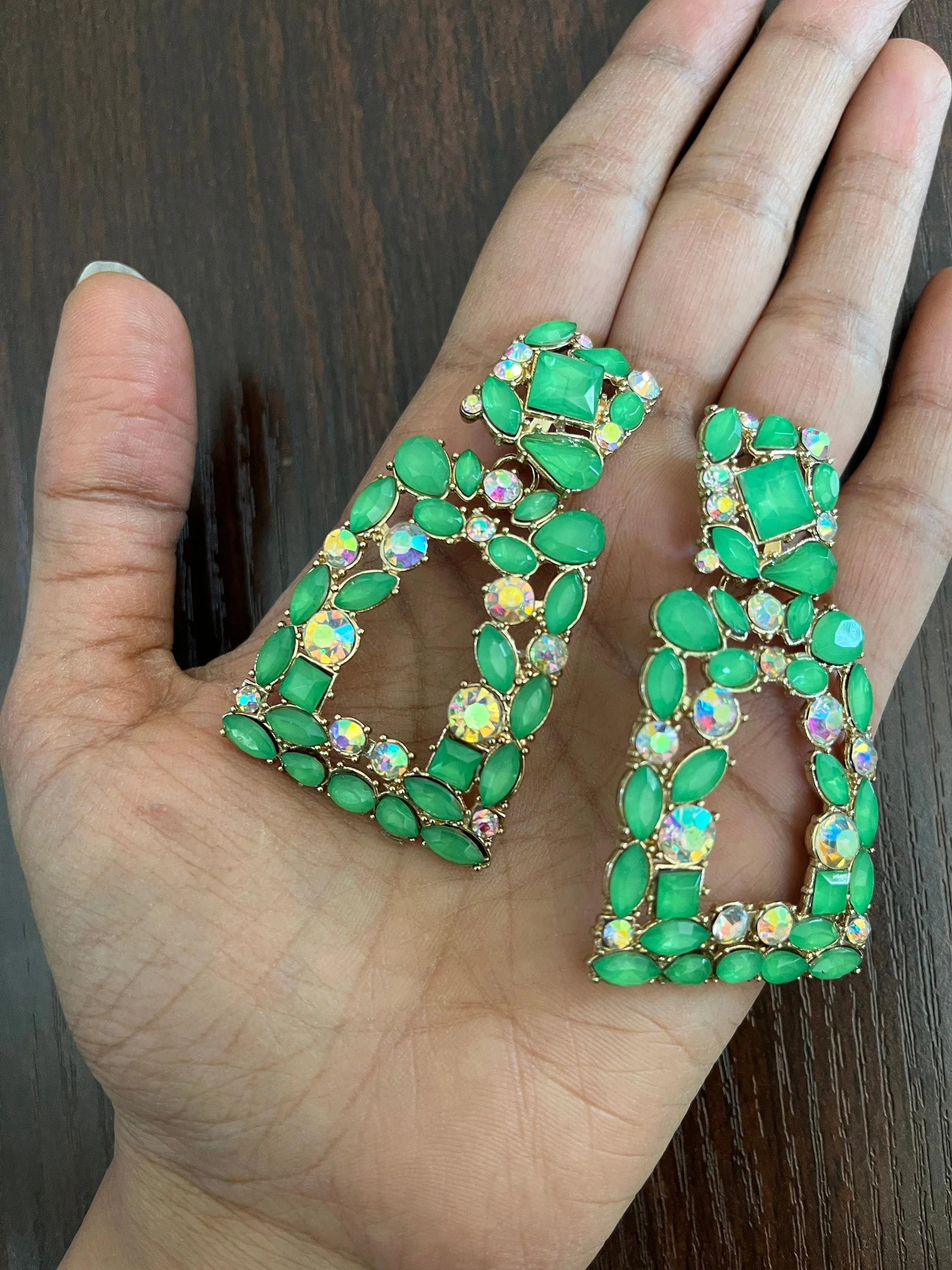 Big green earrings ,  bright green rhinestone earrings , Large green earrings , pear lime green gold earrings , green pageant crystal
