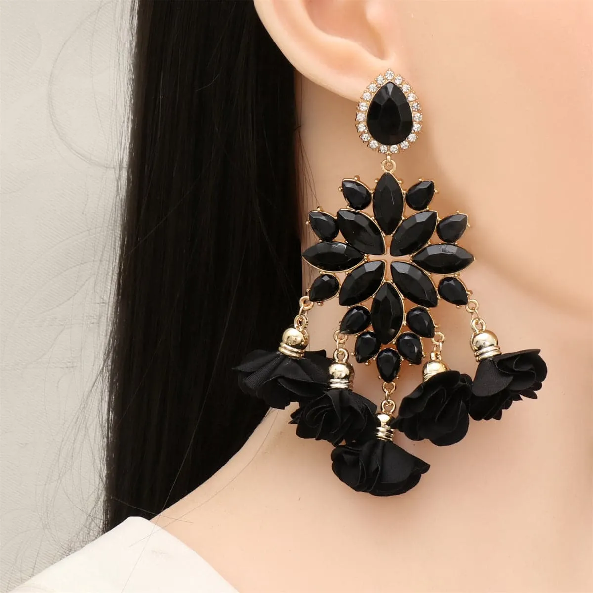 Black Crystal & Cubic Zirconia Flower Tassel Drop Earrings