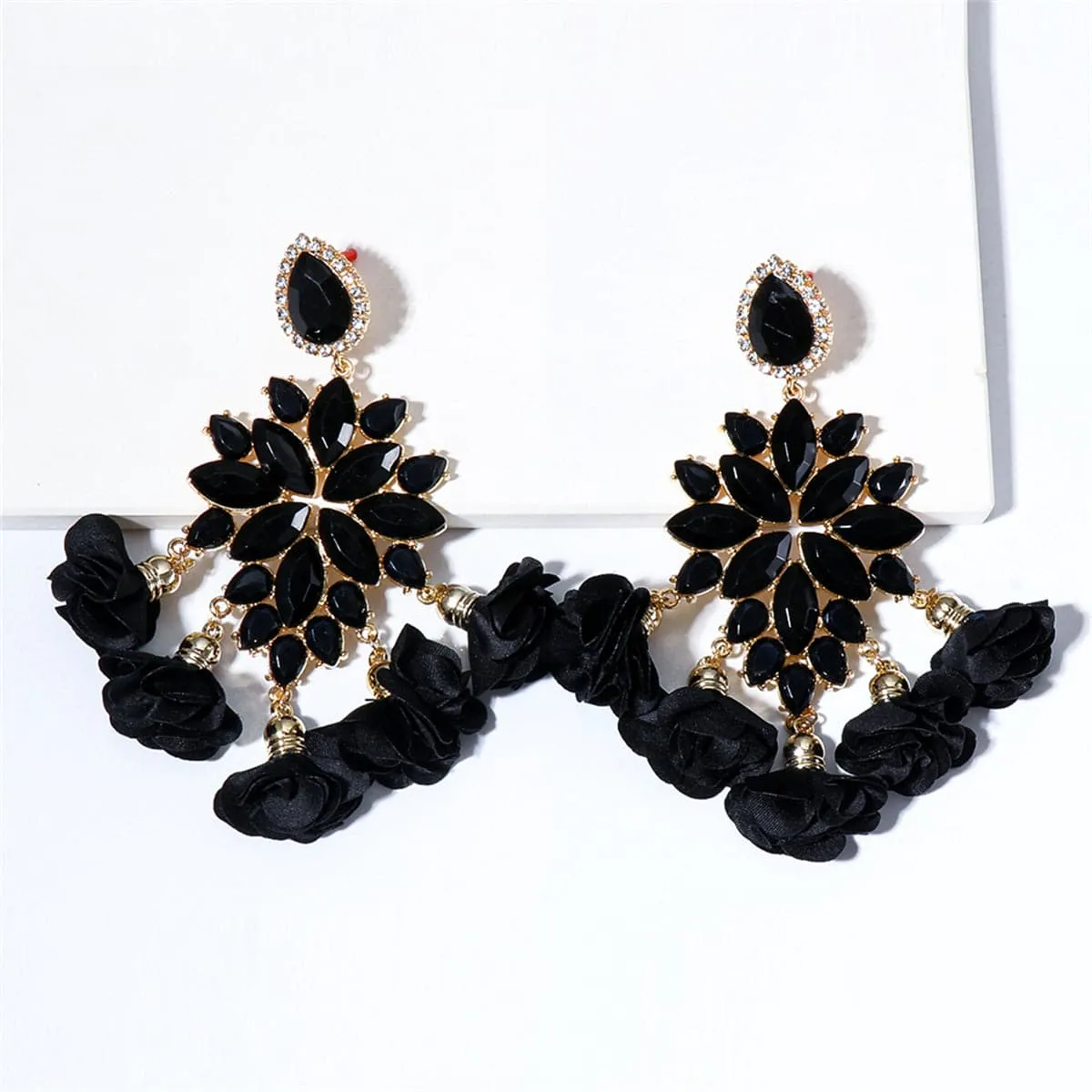 Black Crystal & Cubic Zirconia Flower Tassel Drop Earrings