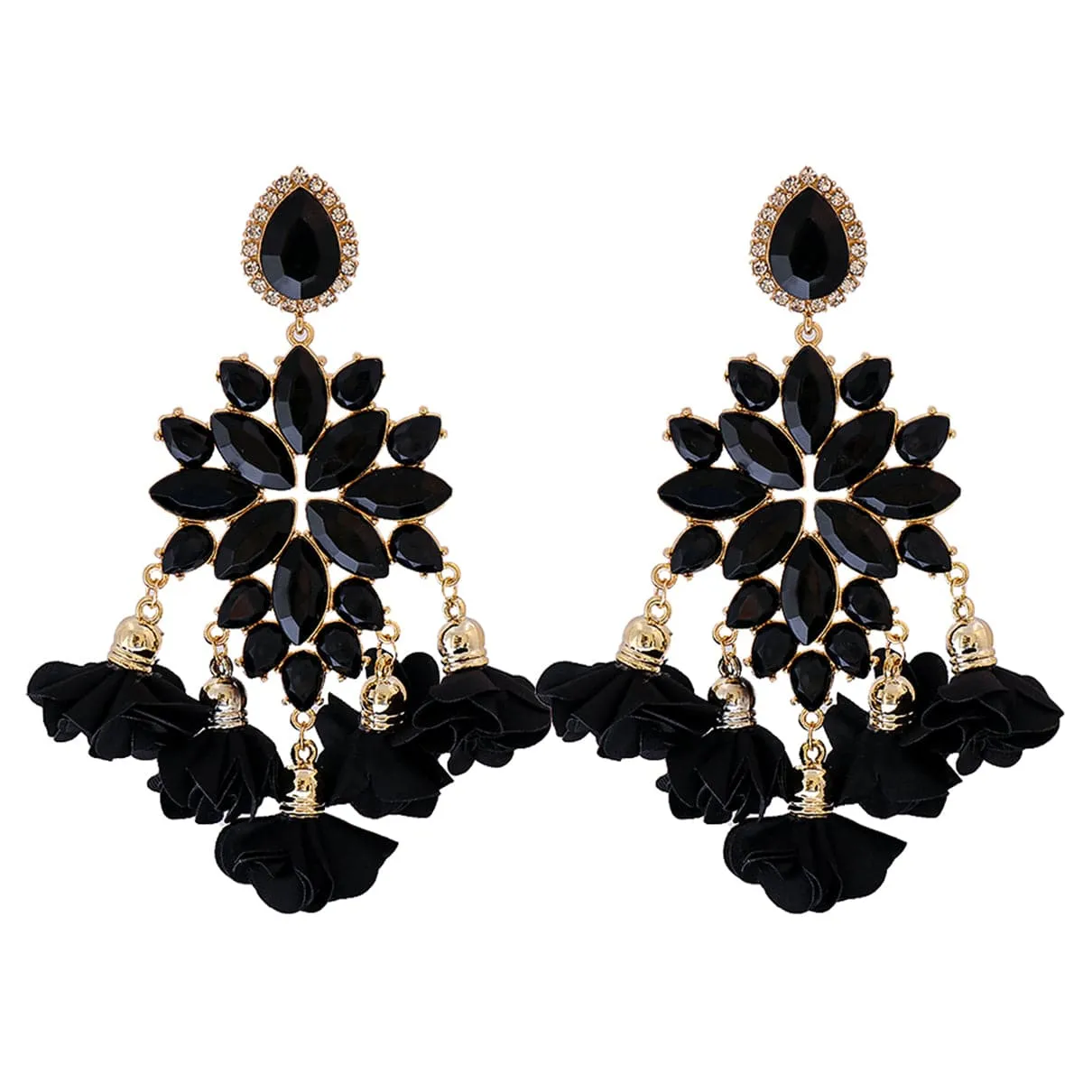 Black Crystal & Cubic Zirconia Flower Tassel Drop Earrings