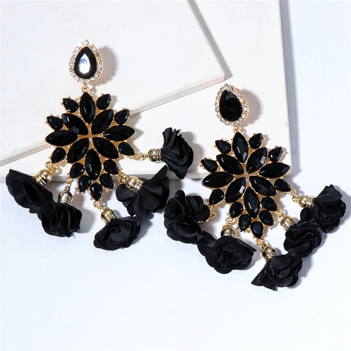 Black Crystal & Cubic Zirconia Flower Tassel Drop Earrings