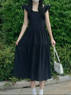 Black Fit And Flare Tier Dress With Ruffle