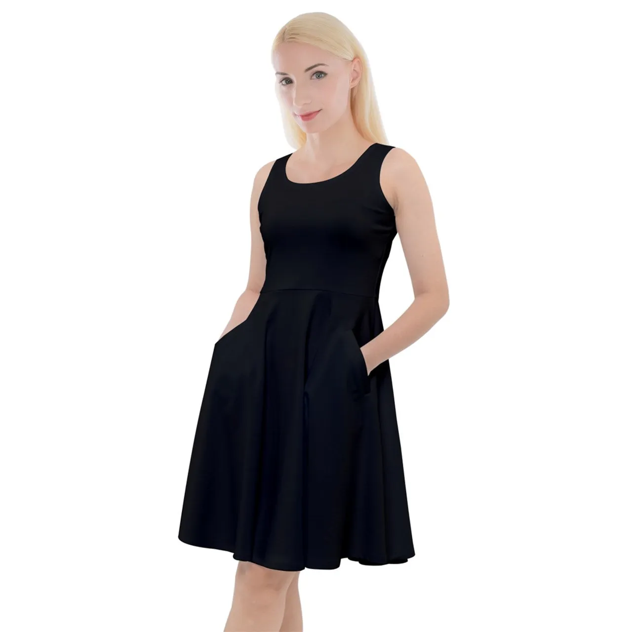 black Knee Length Skater Dress With Pockets