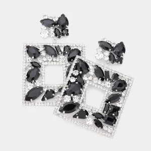 Black Multi Crystal Stone Square Chandelier Pageant Earrings | Prom Earrings | 552969