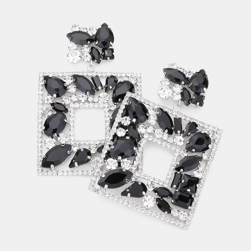 Black Multi Crystal Stone Square Chandelier Pageant Earrings | Prom Earrings | 552969