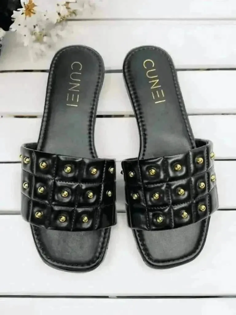 Black Opulence Buttoned Slides