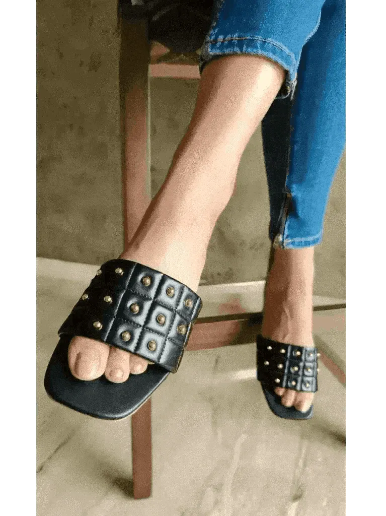 Black Opulence Buttoned Slides
