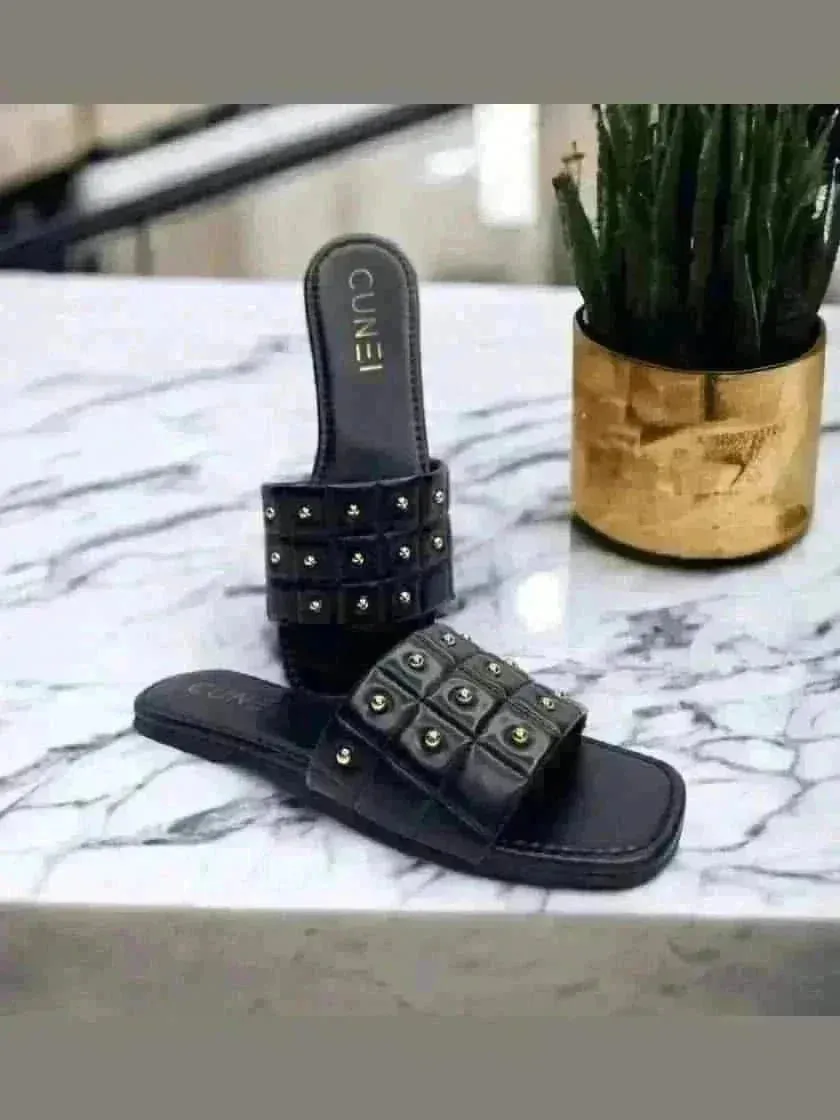 Black Opulence Buttoned Slides