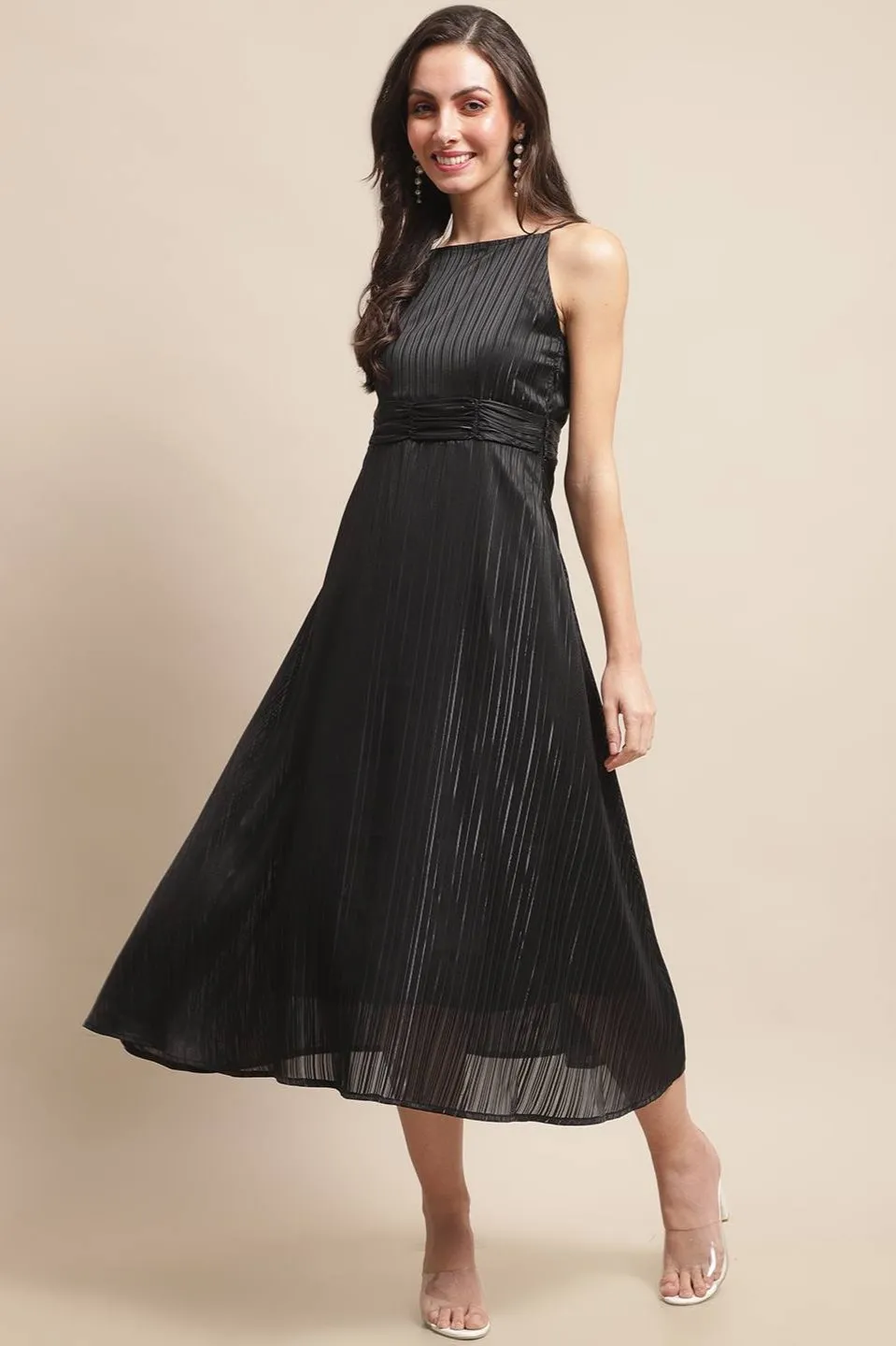 Black Self Design Solid Printed Georgette Sleveeless Dress For Women