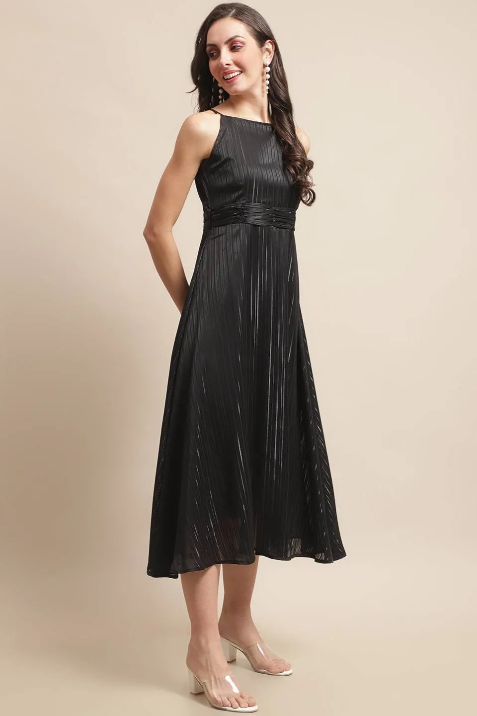 Black Self Design Solid Printed Georgette Sleveeless Dress For Women