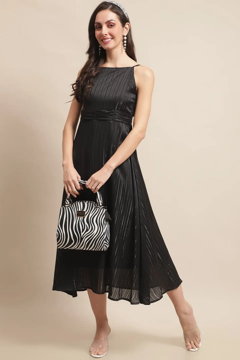 Black Self Design Solid Printed Georgette Sleveeless Dress For Women