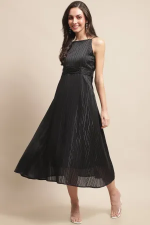 Black Self Design Solid Printed Georgette Sleveeless Dress For Women