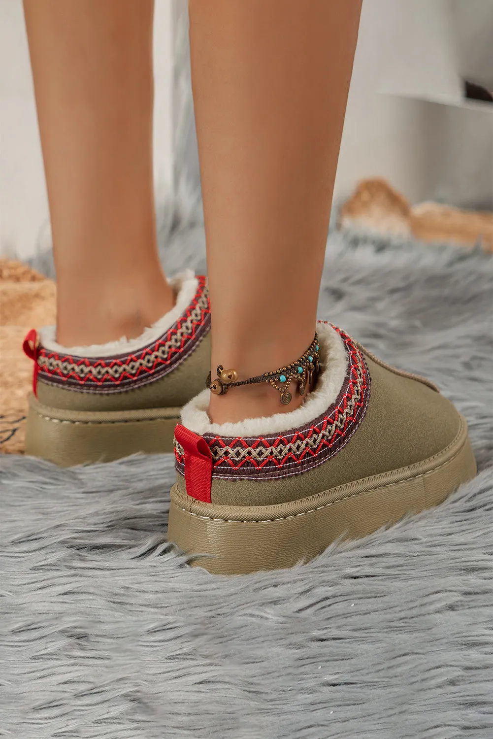 Black Suede Contrast Print Round Toe Plush Lined Flats
