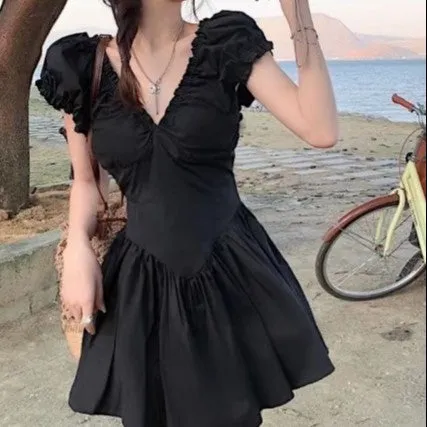 Black V Neck Fit And Flare Mini Dress