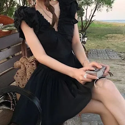 Black V Neck Fit And Flare Mini Dress